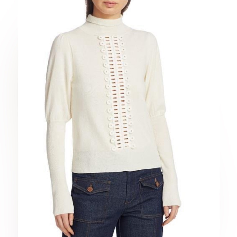 See by chloe ivory crochet trimmed knitted turtle kneck sweater